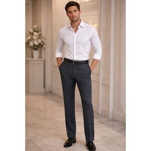 Lauren Ralph Lauren Mens Blue Micro Check Dress Pants 42/32 Flat Front Trousers